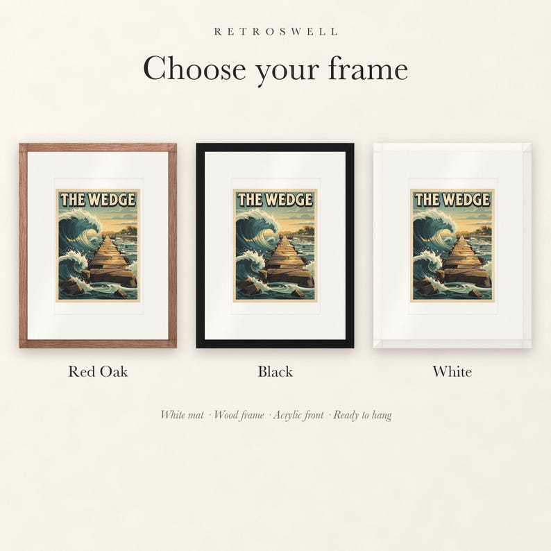 Frame options for The Wedge Surf: Red Oak, black and white wood frames, each with a white mat.
