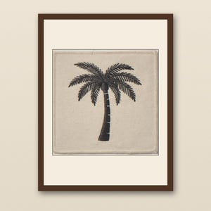 Palm Tree Embroidered Patch Print - walnut framed art print with cream mat on plaster wall