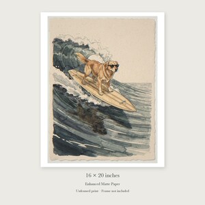 Lámina artística de Golden Retriever surfeando, póster de perro estilo acuarela con o sin marco. imagen 9