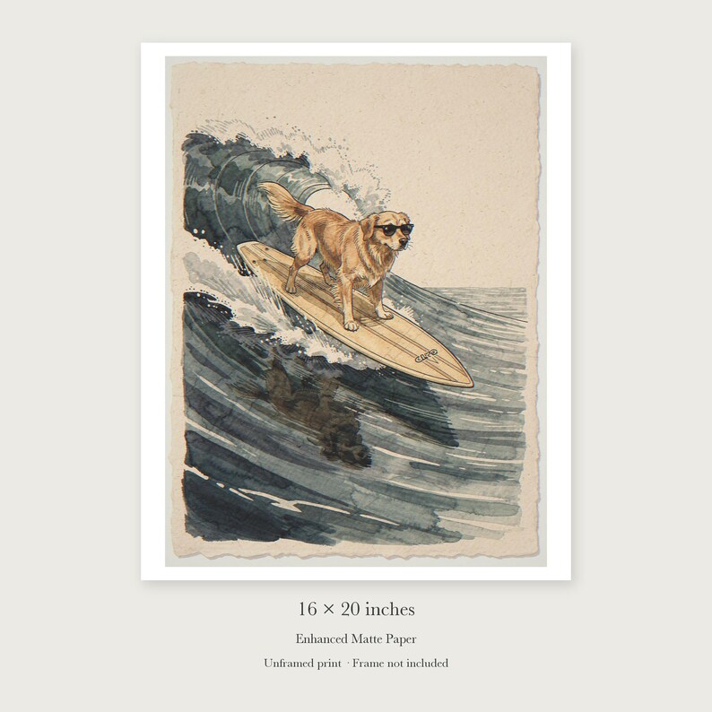 Lámina artística de Golden Retriever surfeando, póster de perro estilo acuarela con o sin marco. imagen 9