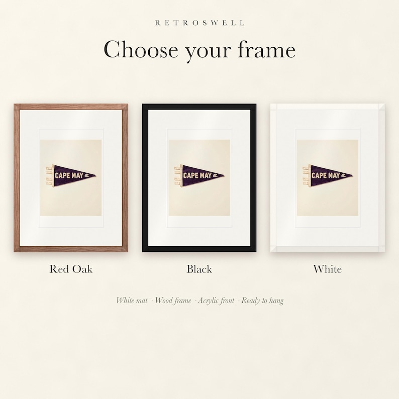 Frame options for Cape May Surf Pennant: Red Oak, black and white wood frames, each with a white mat.