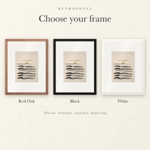 Frame options for Layered Waves Ink Style: Red Oak, black and white wood frames, each with a white mat.