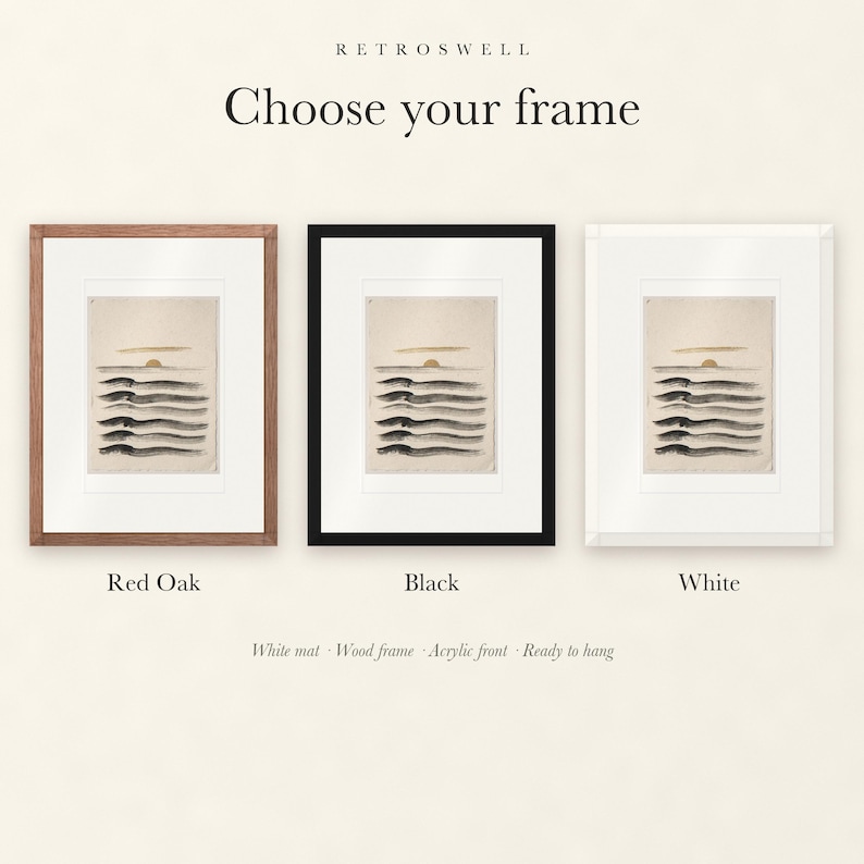 Frame options for Layered Waves Ink Style: Red Oak, black and white wood frames, each with a white mat.