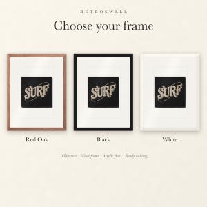 Frame options for Surf Patch: Red Oak, black and white wood frames, each with a white mat.
