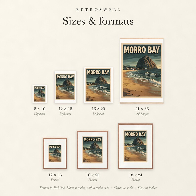 Sizes and formats for Morro Bay Surf, shown to scale: unframed prints, oak hanger and framed prints.