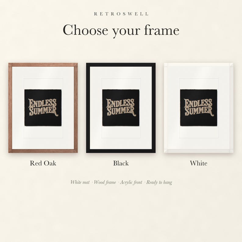 Frame options for Endless Summer Patch: Red Oak, black and white wood frames, each with a white mat.