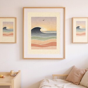 Ocean Waves Nursery Art framed in a coastal dining room setting