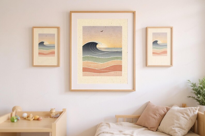 Ocean Waves Nursery Art framed in a coastal dining room setting