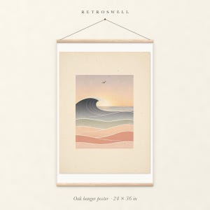 Pastel Morning Swells Nursery oak hanger poster, 24 by 36 inches, with natural wood rails and a hanging cord.