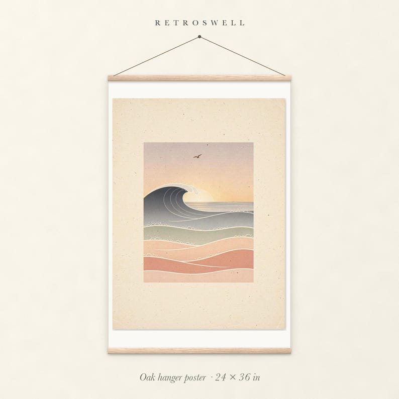 Pastel Morning Swells Nursery oak hanger poster, 24 by 36 inches, with natural wood rails and a hanging cord.