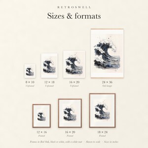 Sizes and formats for Storm Wave Watercolor, shown to scale: unframed prints, oak hanger and framed prints.