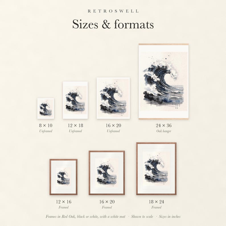 Sizes and formats for Storm Wave Watercolor, shown to scale: unframed prints, oak hanger and framed prints.