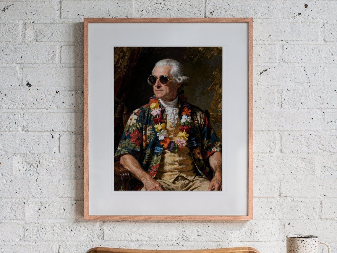 John Adams print in a Red Oak frame with a white mat, hanging above the desk in a home office.