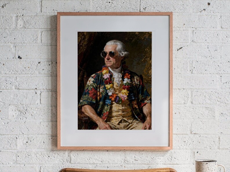 John Adams print in a Red Oak frame with a white mat, hanging above the desk in a home office.