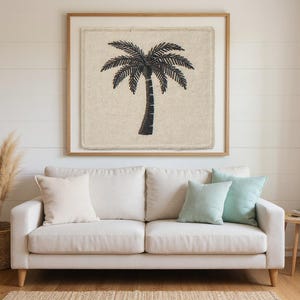 Palm Tree Embroidered Patch Print framed in a beach-style living room setting