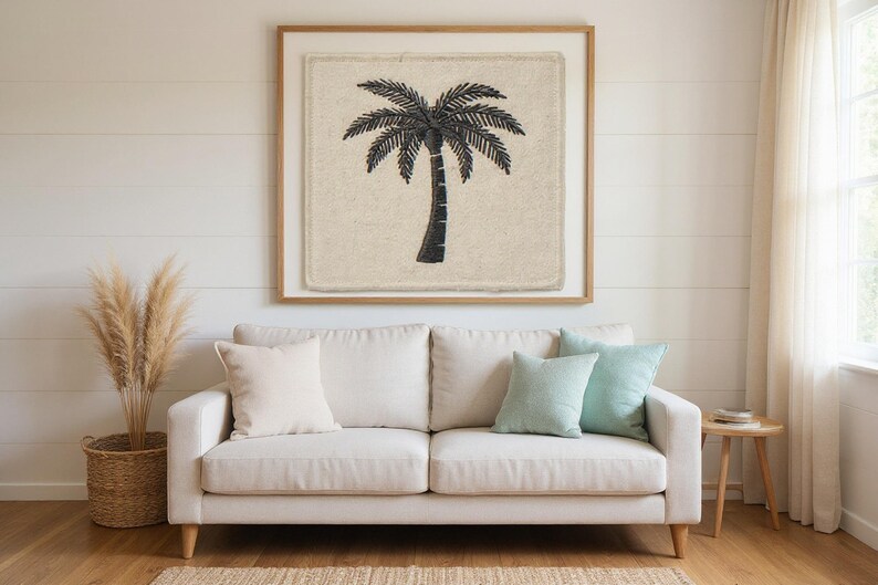 Palm Tree Embroidered Patch Print framed in a beach-style living room setting