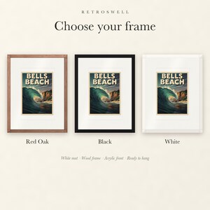 Frame options for Bells Beach Australia Surf: Red Oak, black and white wood frames, each with a white mat.