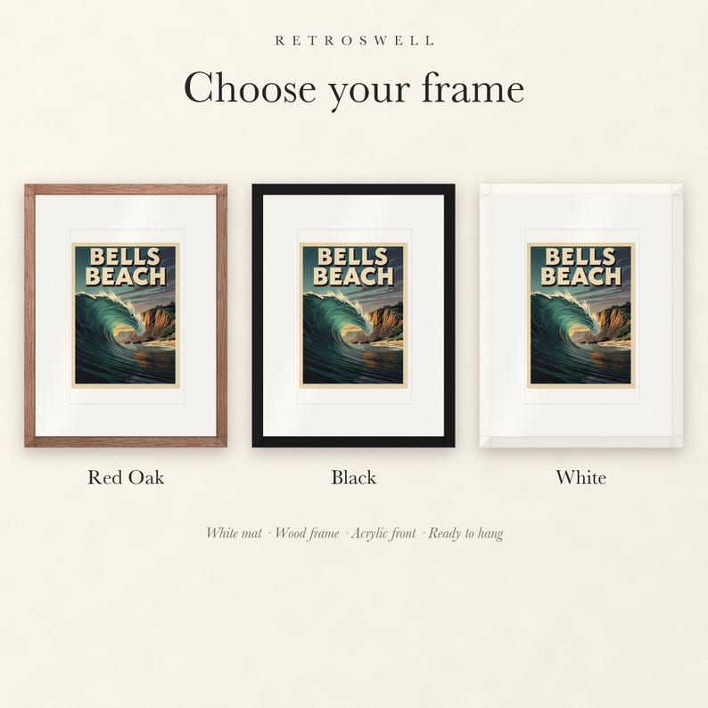 Frame options for Bells Beach Australia Surf: Red Oak, black and white wood frames, each with a white mat.