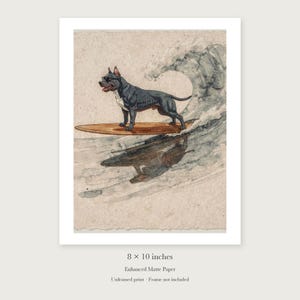 Pit Bull Surfing unframed 8 by 10 inch print on enhanced matte paper, shown with its white paper border.
