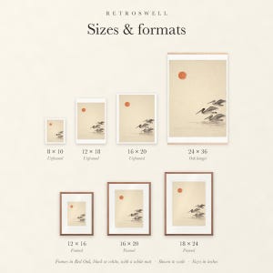 Sizes and formats for Pelicans Ink Style, shown to scale: unframed prints, oak hanger and framed prints.