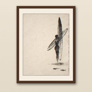 Sumi-e Dawn Patrol Surfer Print - walnut framed art print with cream mat on plaster wall