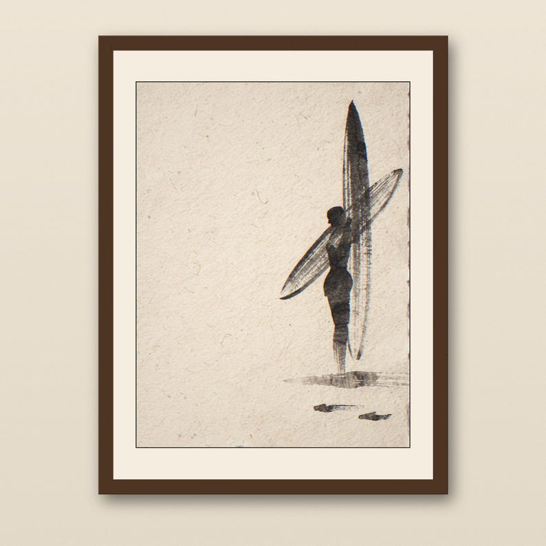 Sumi-e Dawn Patrol Surfer Print - walnut framed art print with cream mat on plaster wall