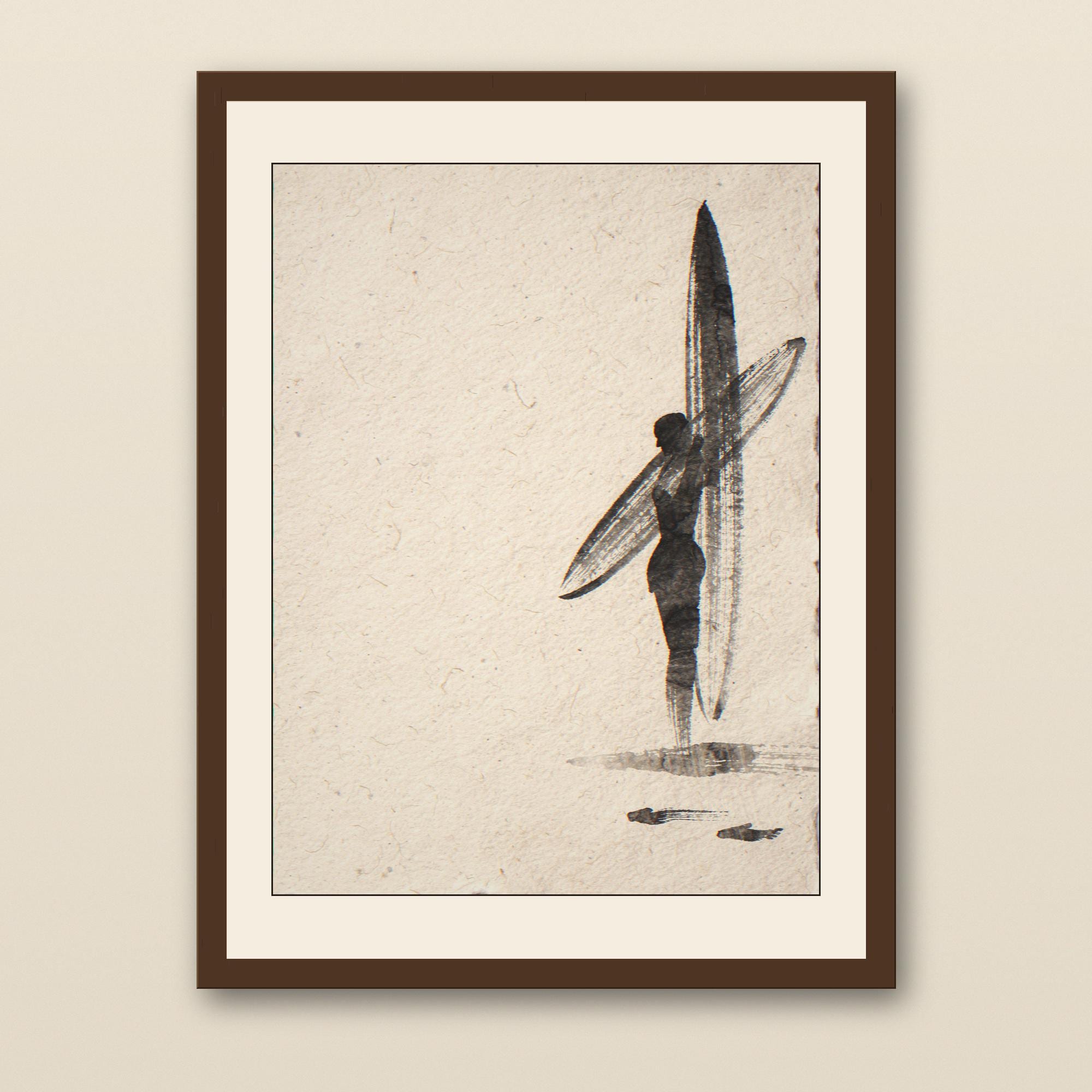 Sumi-e Dawn Patrol Surfer Print - walnut framed art print with cream mat on plaster wall