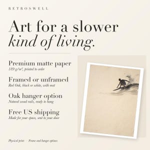 RetroSwell print details for Surfer Cutback Ink Style: premium 189 g/m² matte paper, framed or unframed, oak hanger option, free US shipping.