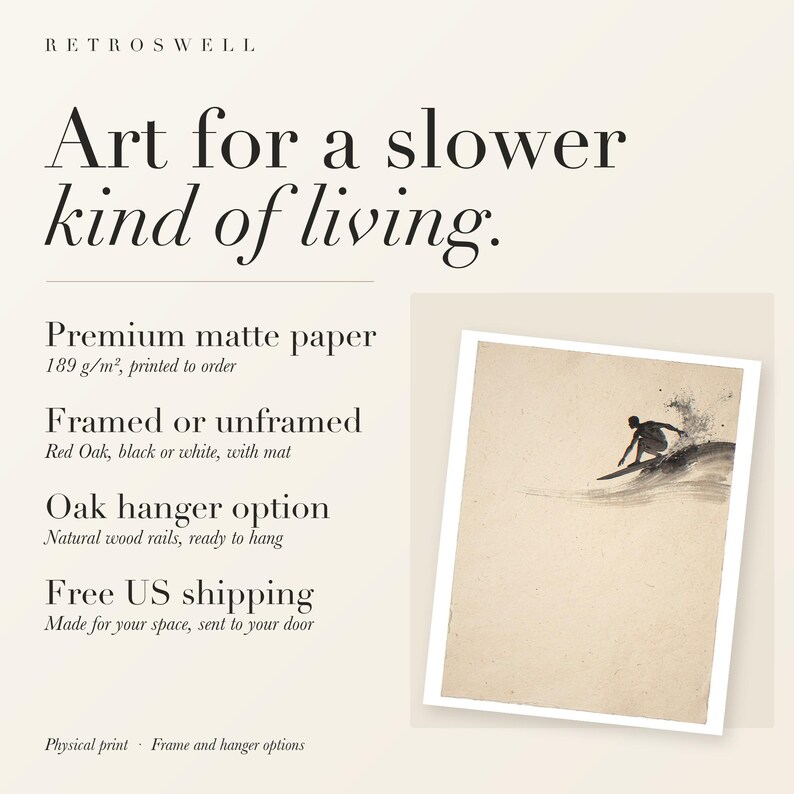 RetroSwell print details for Surfer Cutback Ink Style: premium 189 g/m² matte paper, framed or unframed, oak hanger option, free US shipping.