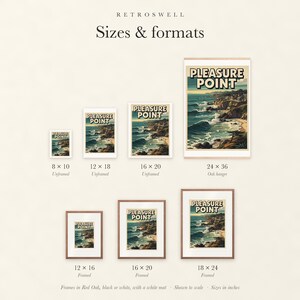 Sizes and formats for Pleasure Point Surf, shown to scale: unframed prints, oak hanger and framed prints.