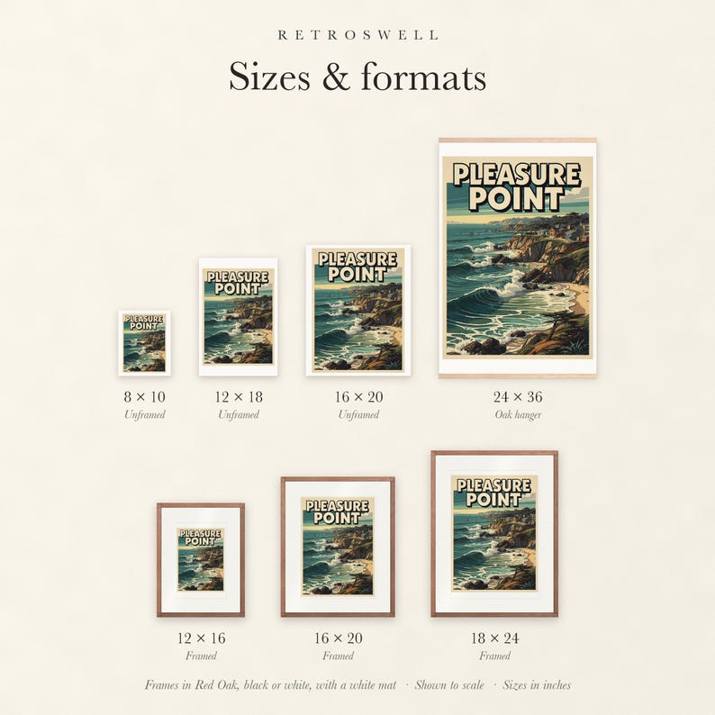 Sizes and formats for Pleasure Point Surf, shown to scale: unframed prints, oak hanger and framed prints.