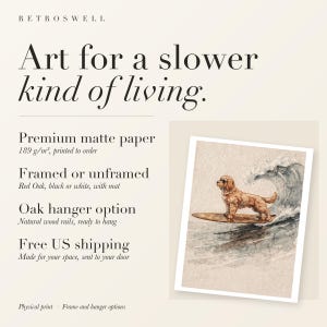 RetroSwell print details for Goldendoodle Surfing: premium 189 g/m² matte paper, framed or unframed, oak hanger option, free US shipping.