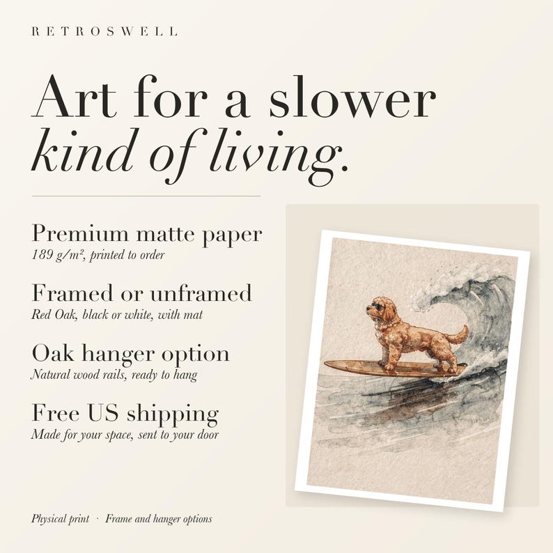 RetroSwell print details for Goldendoodle Surfing: premium 189 g/m² matte paper, framed or unframed, oak hanger option, free US shipping.