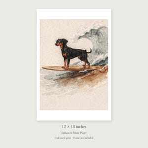 Doberman Surfing unframed 12 by 18 inch print on enhanced matte paper, shown with its white paper border.