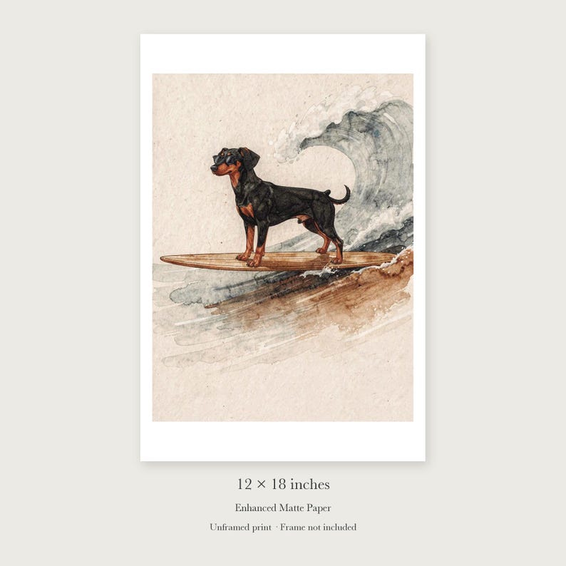 Doberman Surfing unframed 12 by 18 inch print on enhanced matte paper, shown with its white paper border.