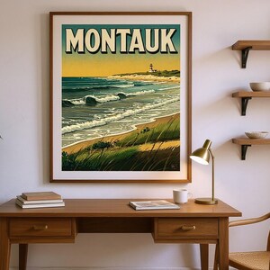 Montauk Surf Poster framed in a home office setting