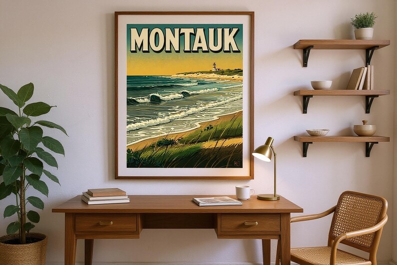 Montauk Surf Poster framed in a home office setting