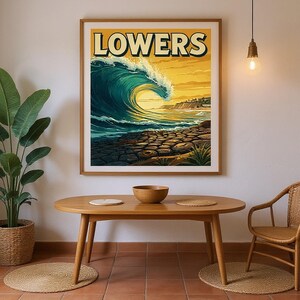 Lowers Surf Poster framed in a coastal dining room setting