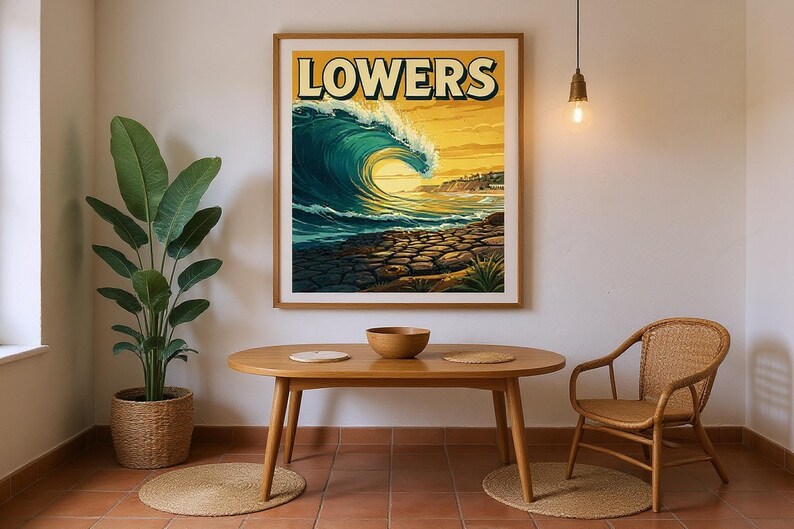 Lowers Surf Poster framed in a coastal dining room setting