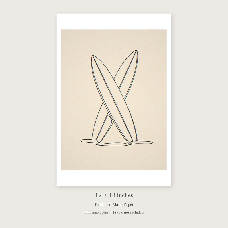 Crossed Surfboards Line unframed 12 by 18 inch print on enhanced matte paper, shown with its white paper border.