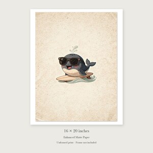 Whale Surfing unframed 16 by 20 inch print on enhanced matte paper, shown with its white paper border.