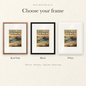 Frame options for Pismo Beach Surf: Red Oak, black and white wood frames, each with a white mat.