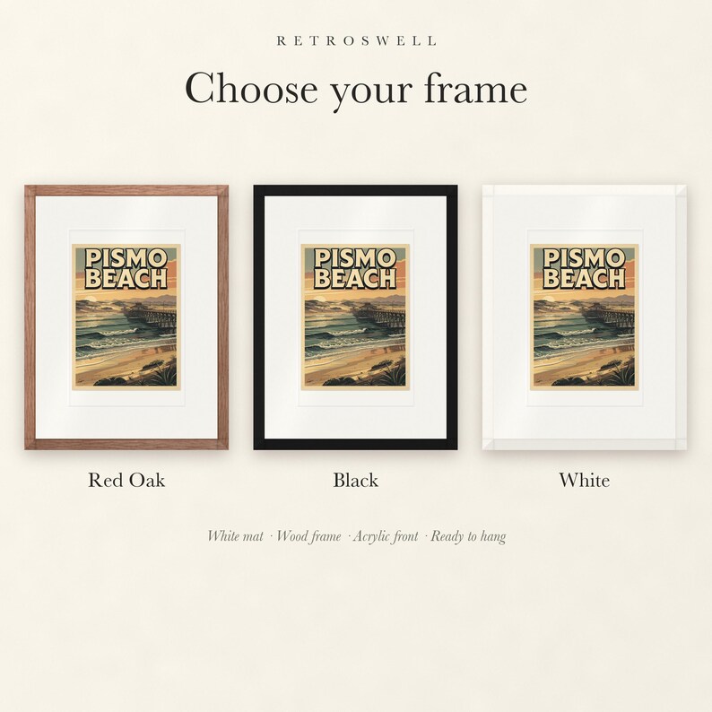 Frame options for Pismo Beach Surf: Red Oak, black and white wood frames, each with a white mat.