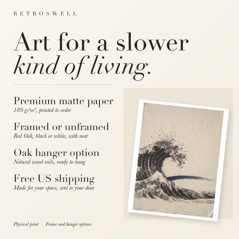 RetroSwell print details for Crashing Wave Ink Style: premium 189 g/m² matte paper, framed or unframed, oak hanger option, free US shipping.