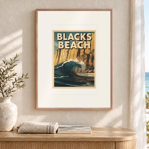 Póster de viaje de surf de Blacks Beach, enmarcado o sin enmarcar, estilo costero vintage. imagen 12