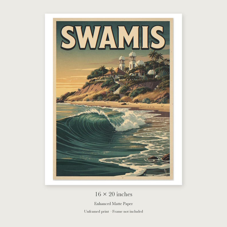 Swamis Surf Travel Poster, Framed or Unframed Vintage Style Coastal Print image 9