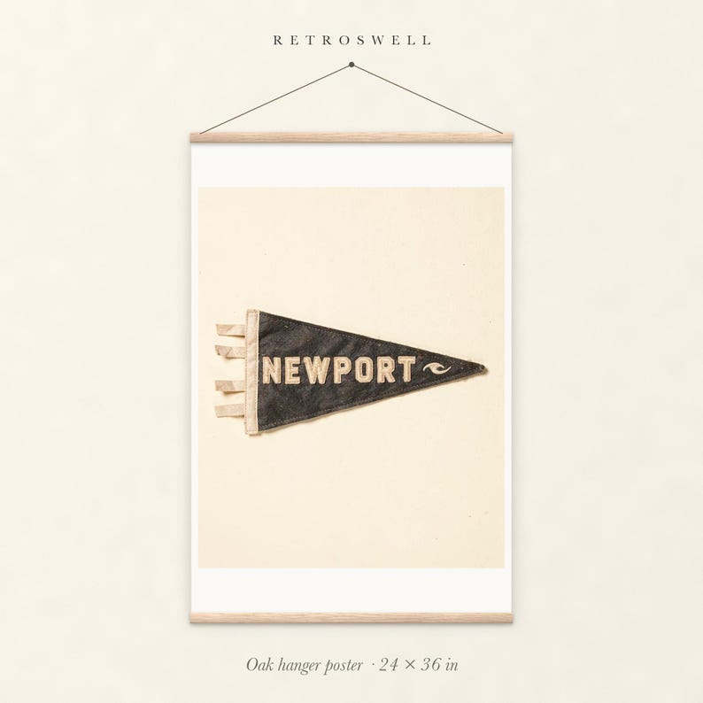 Newport, Rhode Island Surf Pennant oak hanger poster, 24 by 36 inches, with natural wood rails and a hanging cord.