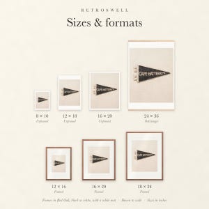 Sizes and formats for Cape Hatteras, North Carolina Surf Pennant, shown to scale: unframed prints, oak hanger and framed prints.