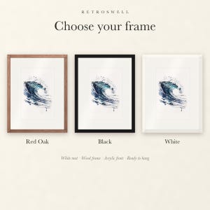 Frame options for Glass Curl Wave Watercolor: Red Oak, black and white wood frames, each with a white mat.