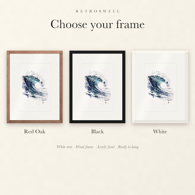 Frame options for Glass Curl Wave Watercolor: Red Oak, black and white wood frames, each with a white mat.